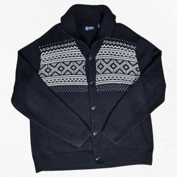 Chaps Black White Fair Isle Cowl Neck Button Up Cardigan Sweater Size Large - Picture 2 of 9